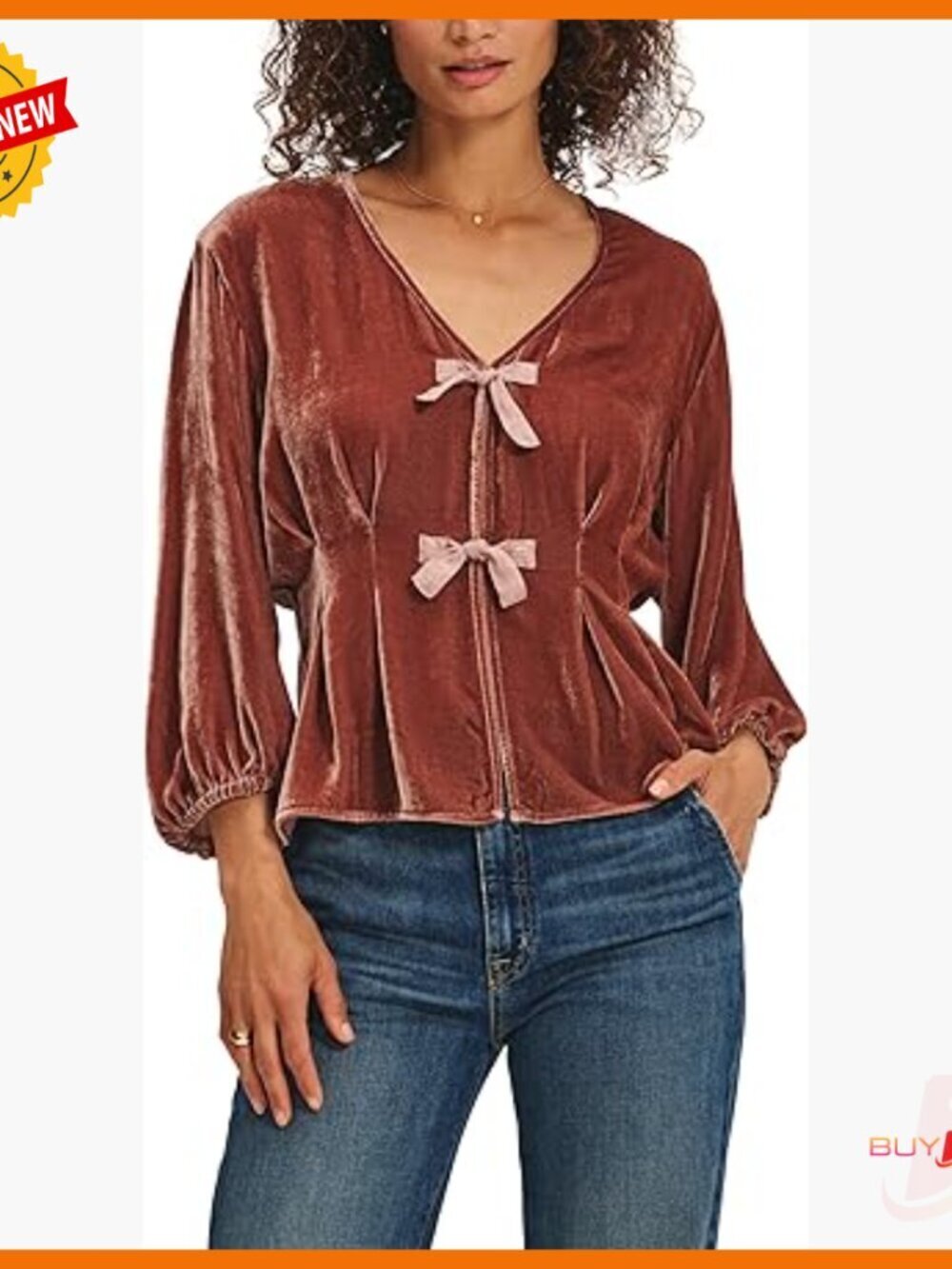 Velvet Satin Mix Media Blouse Puff Sleeve V-Neck Contemporary Fall